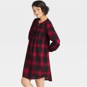 Red Plaid  long sleeve button down tunic dress size small smocked chest.